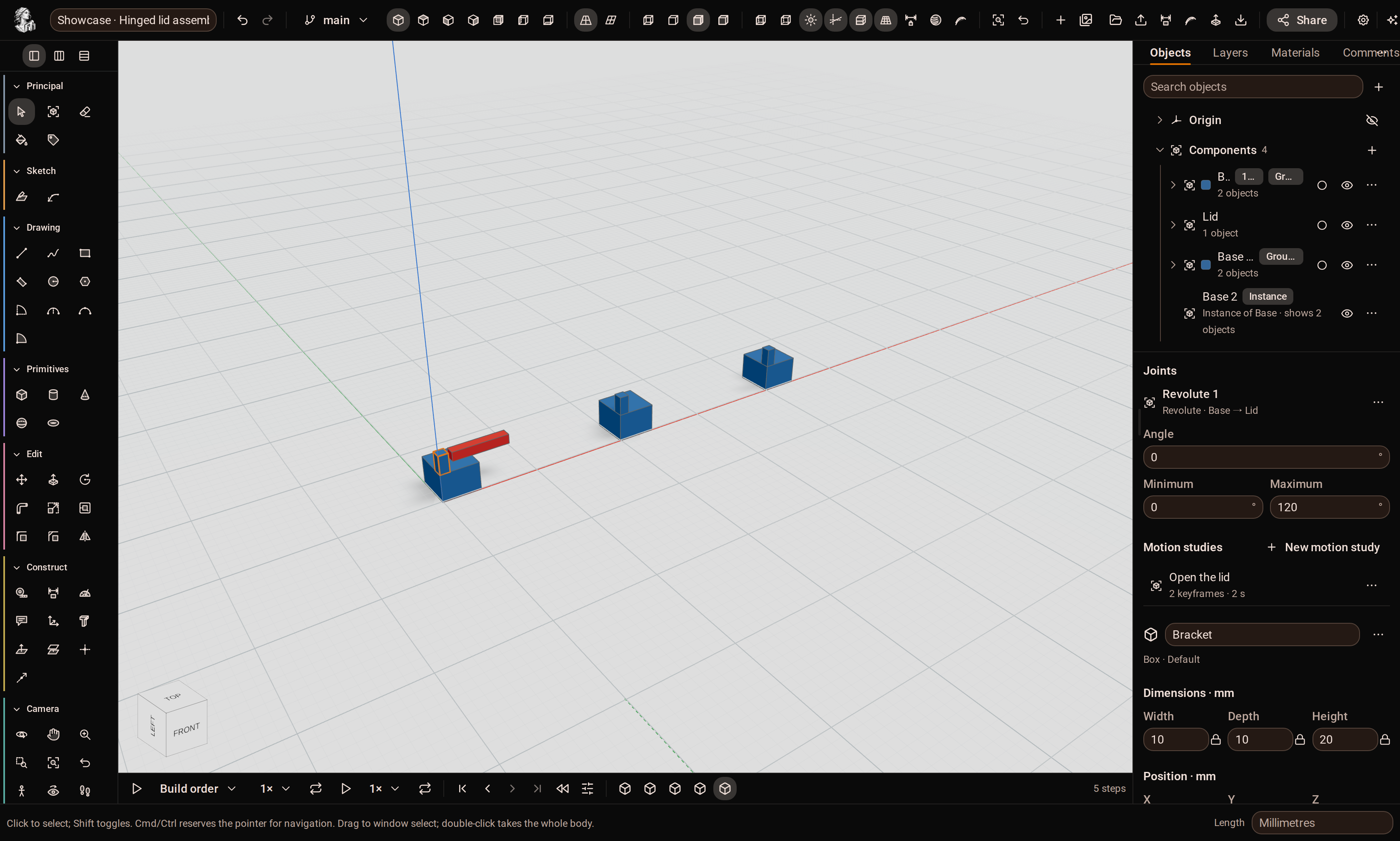 An assembly with components in the browser, joints, and a motion study.