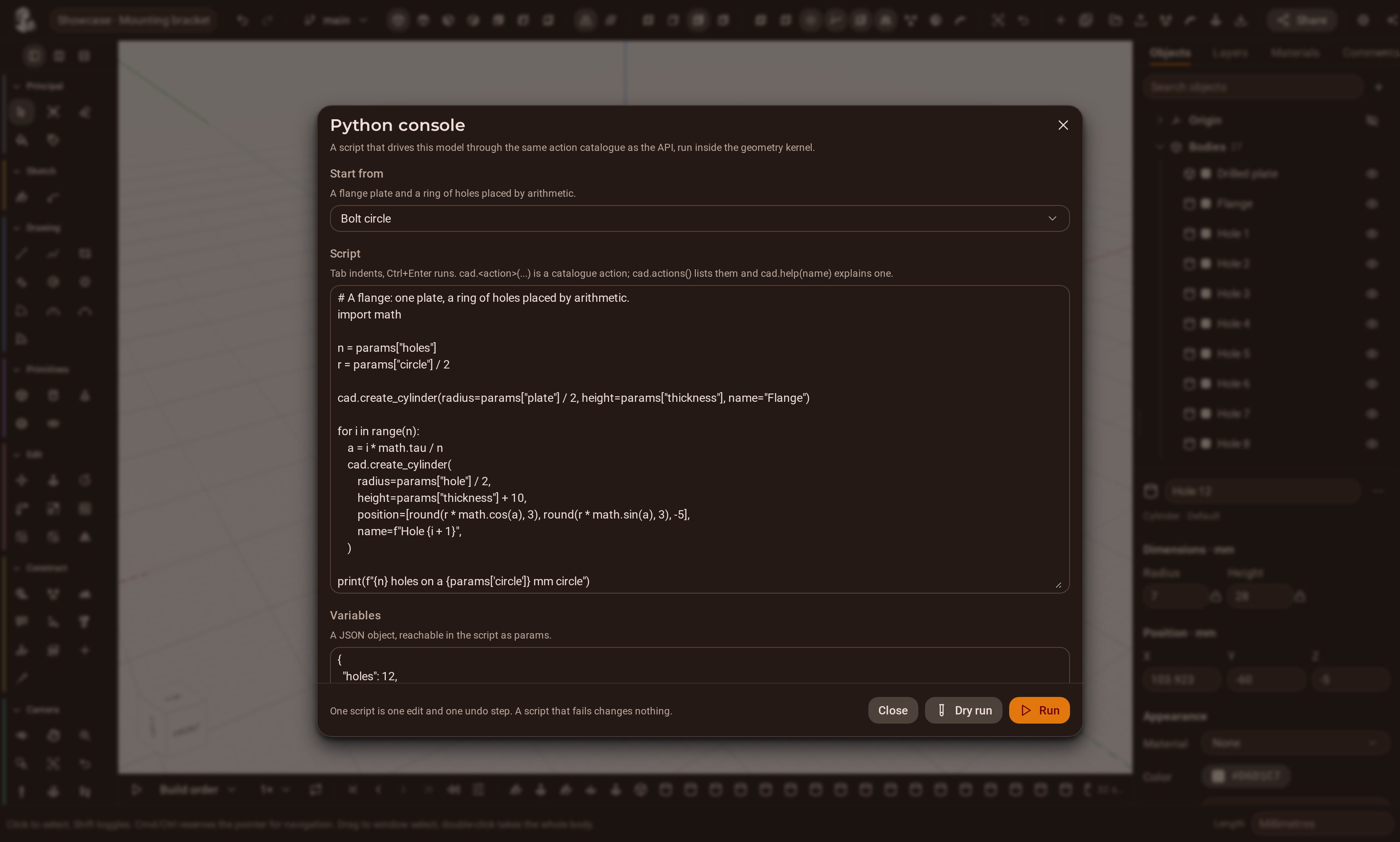 The Python console open over the model, showing a script, its printed output and the actions it applied.