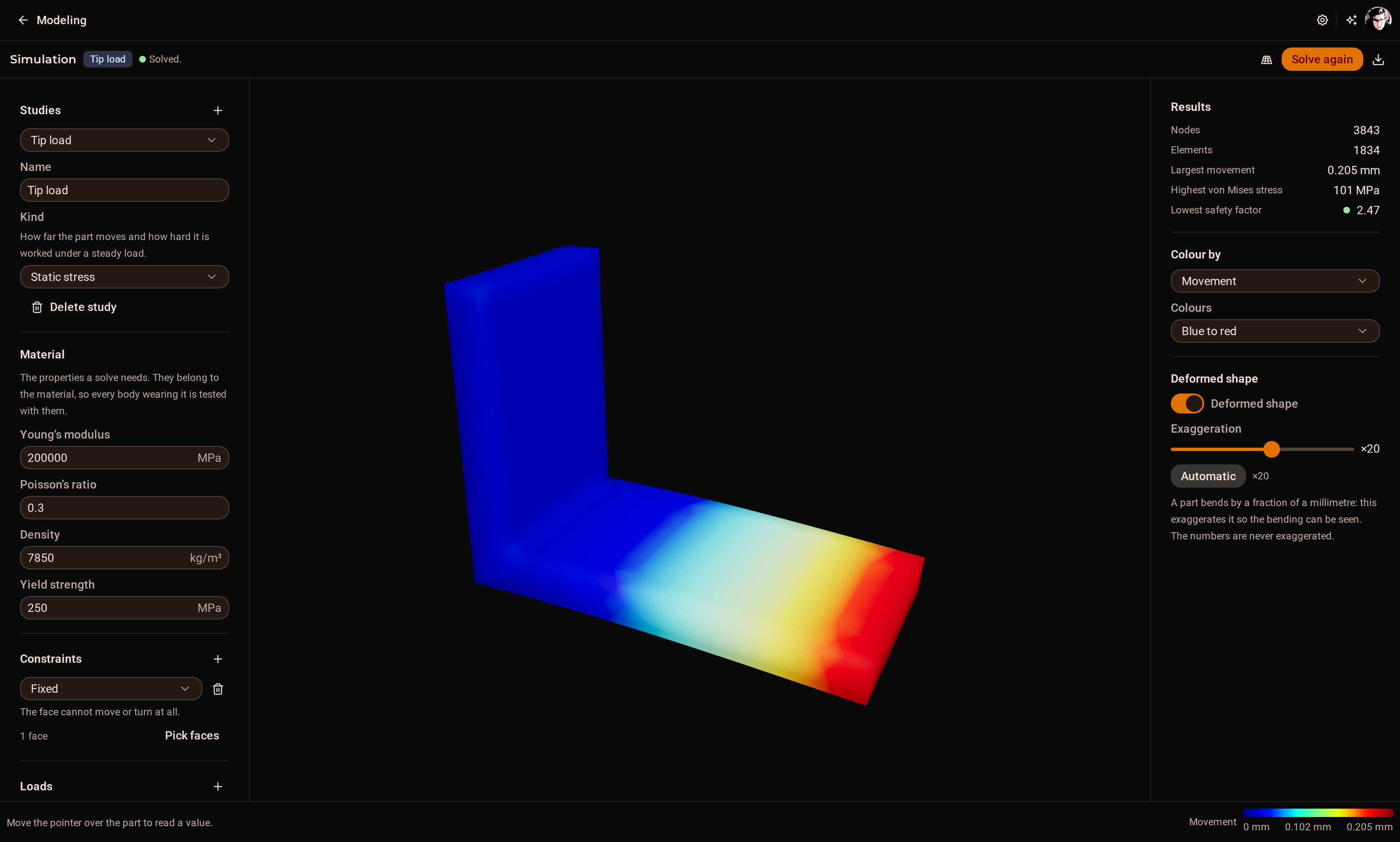A simulation study showing a von Mises stress field on a meshed bracket.