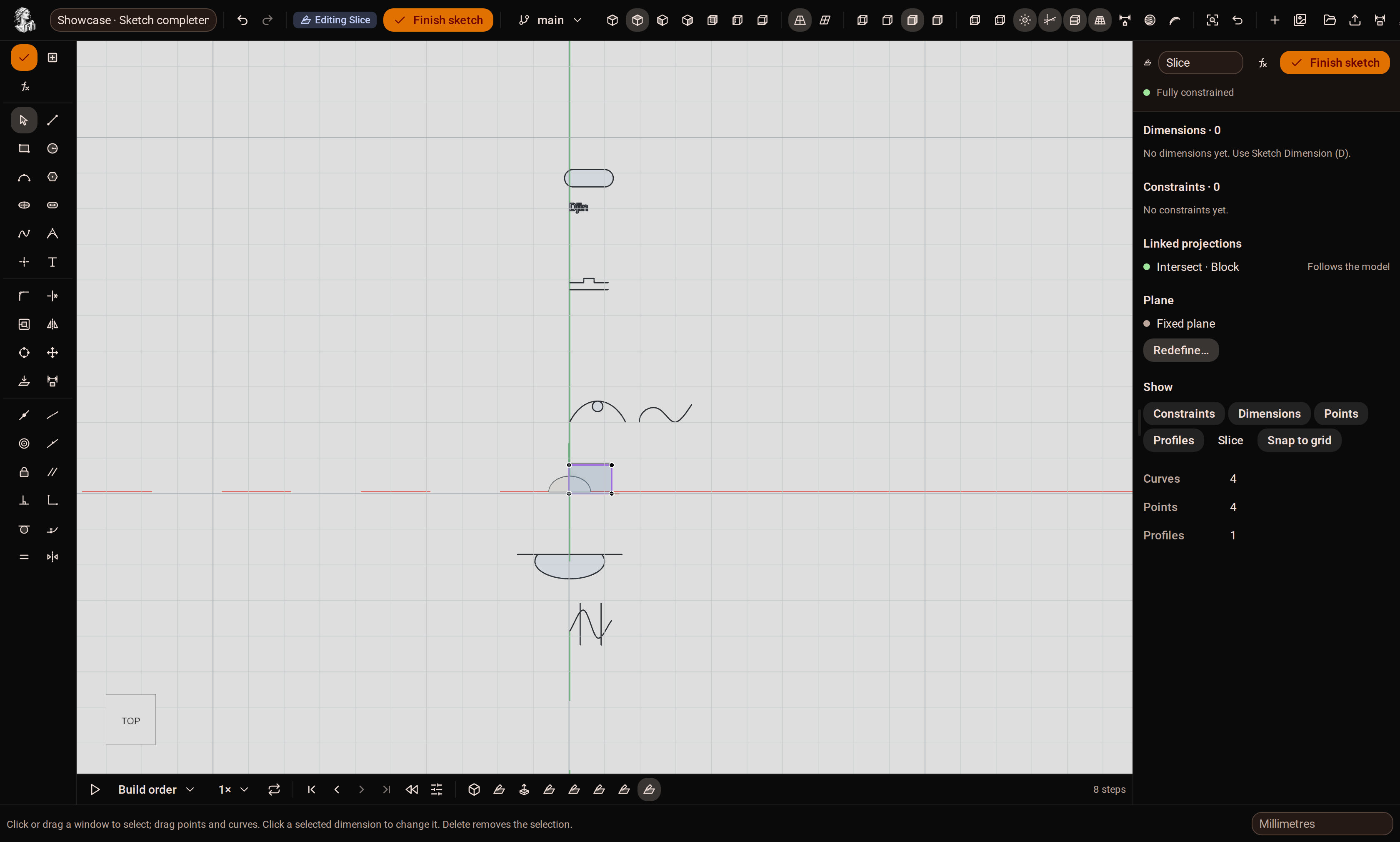 A constrained 2D sketch with its entities, constraints and dimensions.